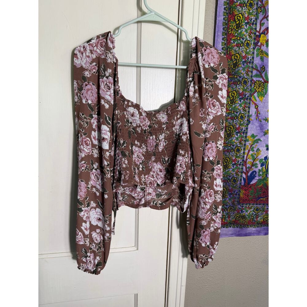 Madden NYC 3X Floral Corset Top Brown Pink Ruched Bustier Long Sleeve Blouse - Picture 6 of 10